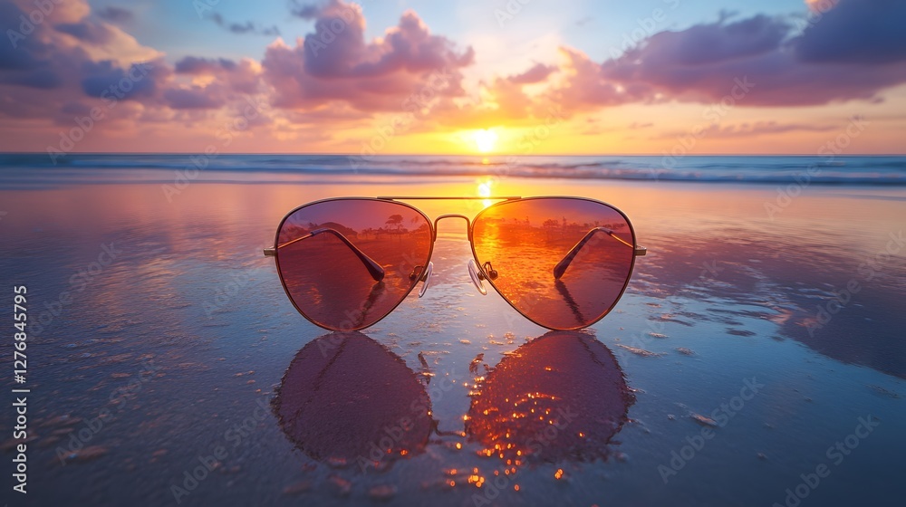 A stylish pair of sunglasses placed on the beach sand during a breathtaking sunset over the horizon A stylish pair of sunglasses placed on the beach sand during a breathtaking sunset over the horizon