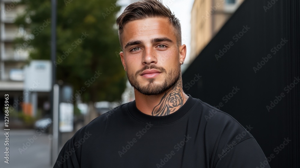 Young man portrait with a tattoo on his palm standing on a dark city alley. Young man portrait with a tattoo on his palm standing on a dark city alley.