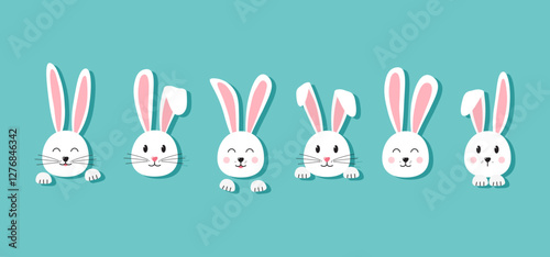 Easter bunny face, cartoon head rabbit, cute character hare, funny white animal with ears, paw and whisker. Spring vector illustration