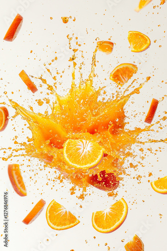 Exploding orange burst, vibrant orange and yellow color palette, juice splashes and orange fragments flying outward photo