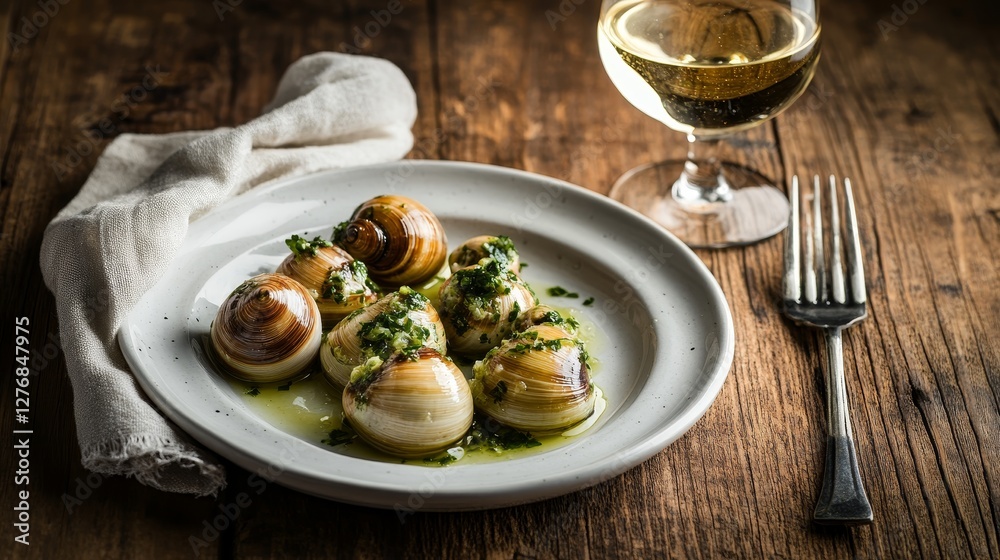 Delicious burgundy snails with garlic parsley butter and white wine in a cozy rustic setting Delicious burgundy snails with garlic parsley butter and white wine in a cozy rustic setting
