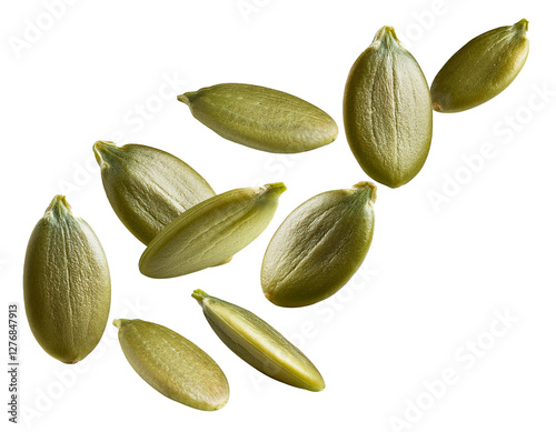 falling Pumpkin seeds isolated on white background, cutout