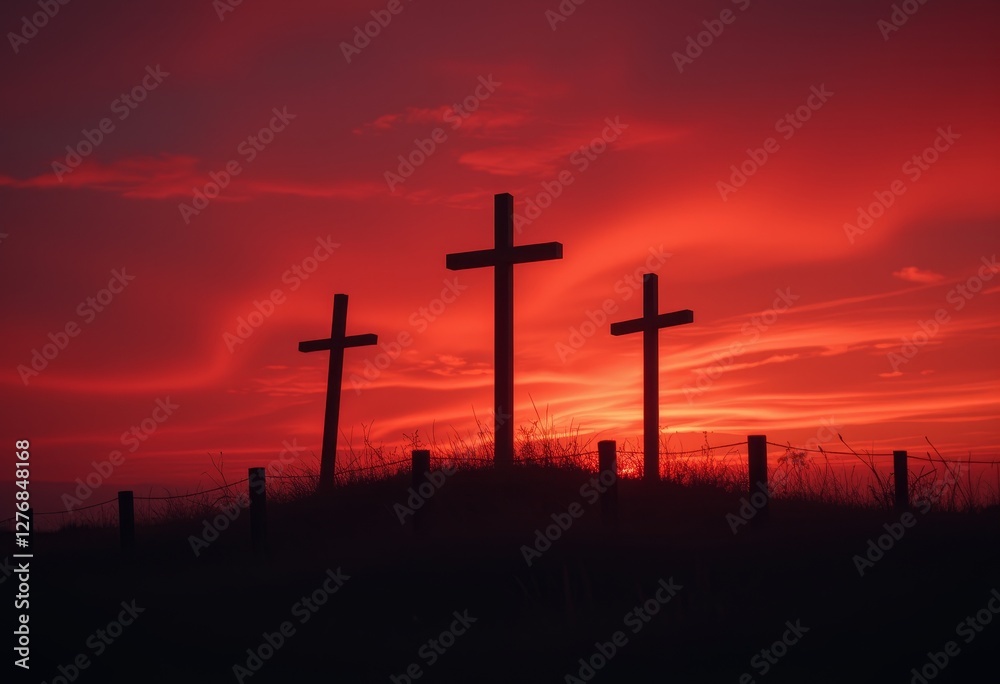 Three crosses on a hill silhouetted against a dramatic red and orange sunset sky with vibrant swirling clouds evoking a powerful religious symbolism perfect for Easter and faith-related designs Three crosses on a hill silhouetted against a dramatic red and orange sunset sky with vibrant swirling clouds evoking a powerful religious symbolism perfect for Easter and faith-related designs