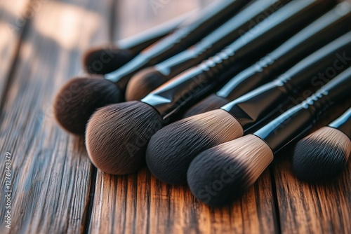 Collection of Makeup Brushes Arranged Neatly on a Wooden Surface With Varied ...
