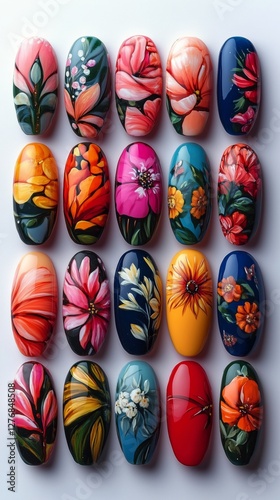 Nail Art Display Featuring Colorful Floral Designs in Various Styles and Colors