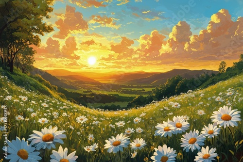 Beautiful Sunset Over a Meadow Filled With Daisies and Rolling Hills Under a ...
