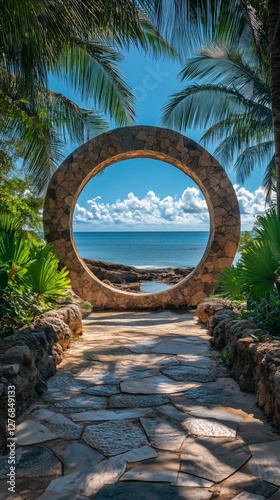 Beautiful Stone Archway Frames Coastal View With Palm Trees on a Sunny Day
