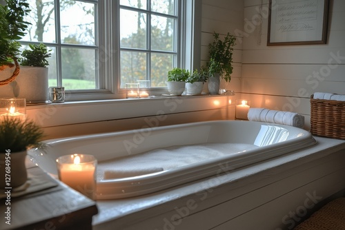 Relaxing Bathroom With Candles and Plants Creating a Soothing Atmosphere Duri...