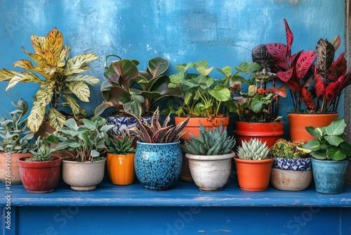 Vibrant Collection of Potted Plants Arranged Against a Bright Blue Wall in a ...