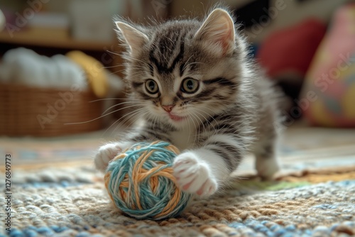 Playful Kitten Joyfully Interacts With Colorful Yarn Ball in Cozy Indoor Setting