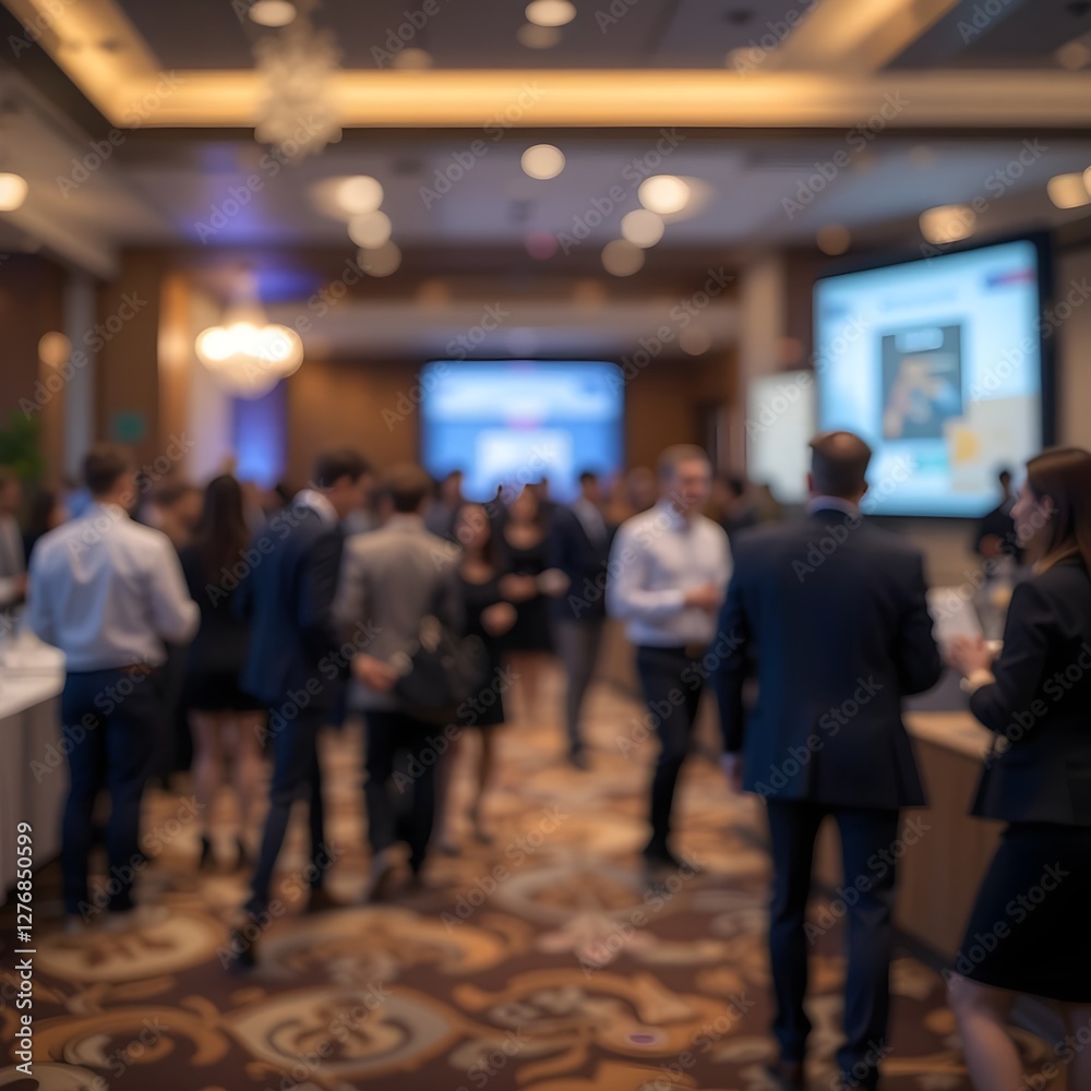 Fototapeta premium Blurred Corporate Event Reception - Reception area of a corporate event with attendees blurred in the background