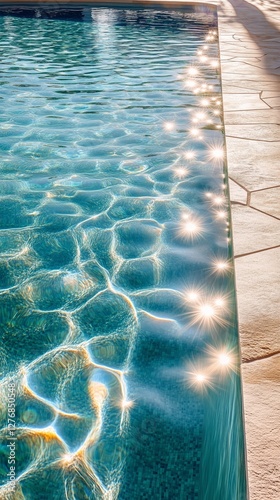 Bright Sunlight Reflects off Tranquil Pool Water in a Serene Outdoor Setting ...