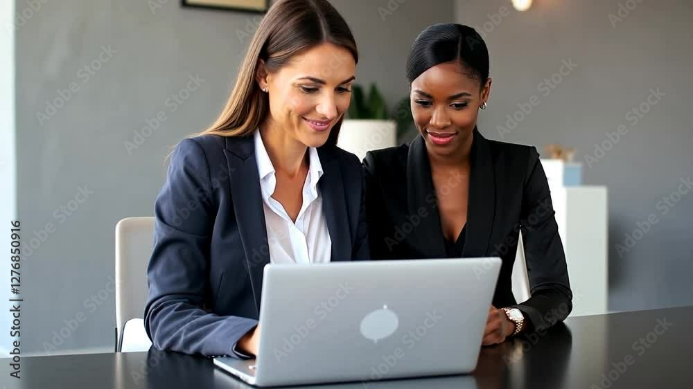 Two businesswomen, one white and one black, dressed in suits, that are sitting at a desk in their office, looking at a laptop as they discuss the details of a project. Two businesswomen, one white and one black, dressed in suits, that are sitting at a desk in their office, looking at a laptop as they discuss the details of a project.