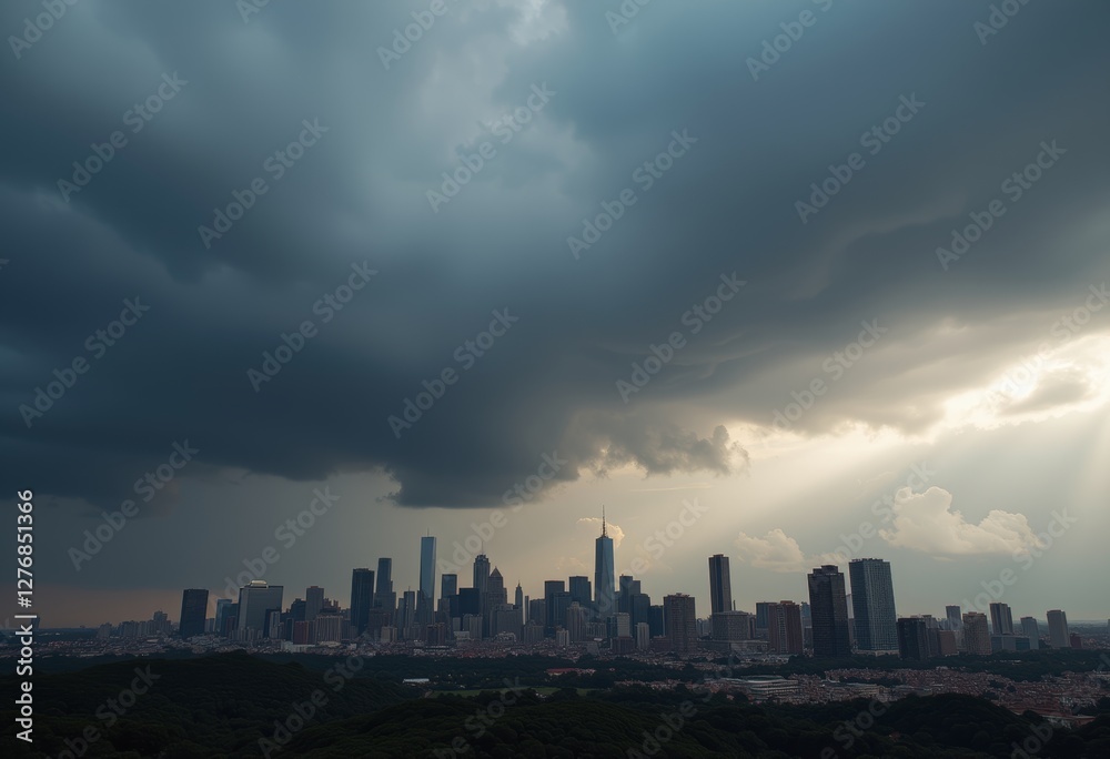 Fototapeta premium Majestic city skyline under a dramatic sky with dark storm clouds and rays of sunlight breaking through, highlighting the contrast between urban development and nature.