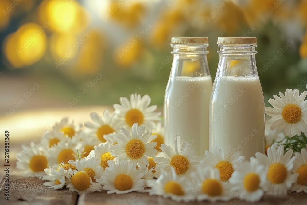 Fresh Milk and Daisies Arranged on Rustic Wooden Table With Natural Elements Fresh Milk and Daisies Arranged on Rustic Wooden Table With Natural Elements