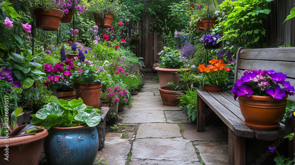 Compact Rustic Garden with Rare Plants and Stone Path