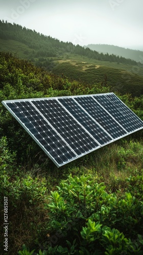 Solar Panel Installation in a Lush Green Landscape Surrounded by Hills