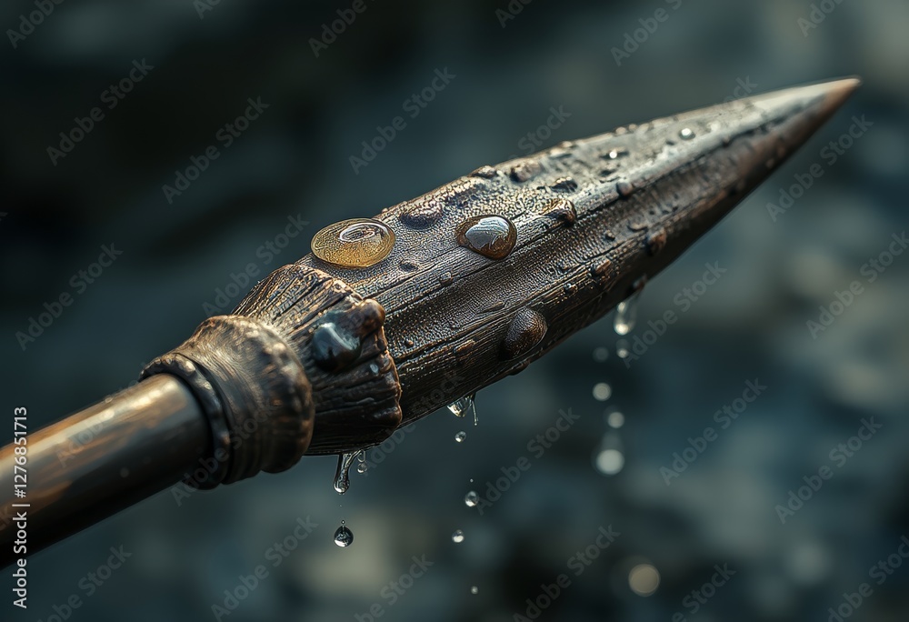 Fototapeta premium Close-up view of a wooden spear with water droplets and a wrapped rope near the end, set against a blurred background of reflective water.