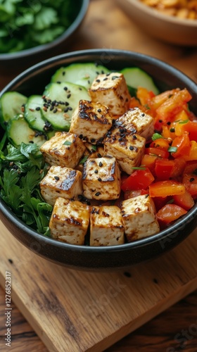 Colorful Vegetable and Tofu Bowl Served in a Dark Bowl on a Wooden Table