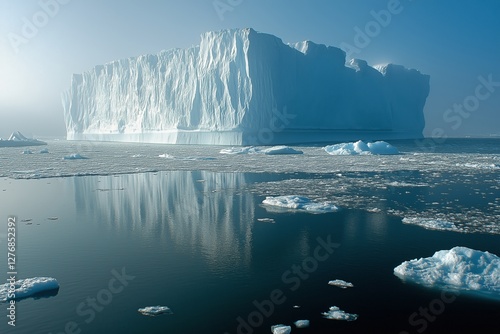 Majestic Iceberg Reflected in Calm Arctic Waters on a Clear Sunny Day