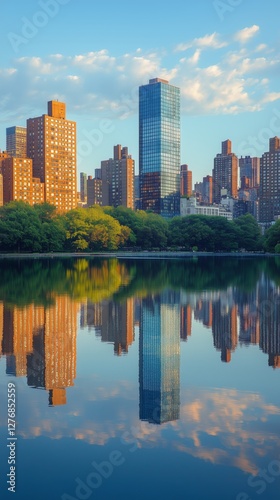 Urban Skyline Reflections Seen in Tranquil Water at Sunset in a Vibrant City ...