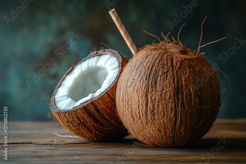Coconuts Split Open on Wooden Table With Straw Ready for Refreshing Drink