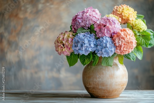 Vibrant Bouquet of Spring Flowers in a Ceramic Vase on a Wooden Table
