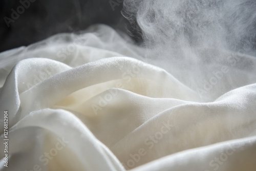 Close up view of silk dress being steamed in a bright setting. Generative AI