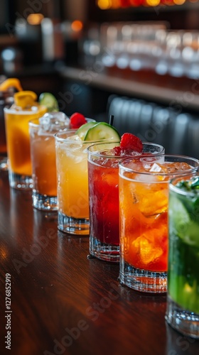 Colorful Cocktails Lined up on a Wooden Bar With Fresh Fruit Garnishes in a L...