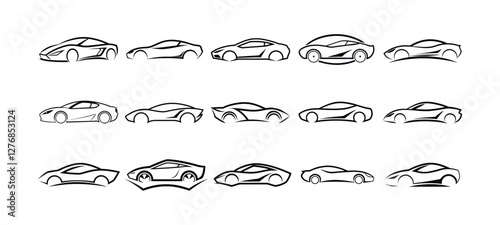 Set of car sketch illustrations with different side view designs in black and white minimalistic style