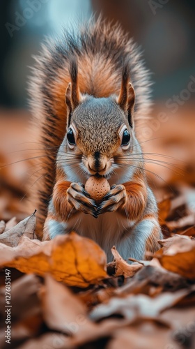 Squirrel Holding Acorn Among Fallen Leaves in a Serene Autumn Park