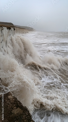 Waves Crashing Against the Cliffs at a Coastal Location During a Stormy Day