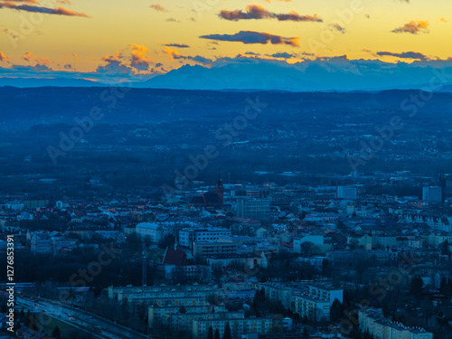Obraz na płótnie Twilight over Tarnów City lights begin to twinkle as dusk settles over Tarnów Poland w salonie
