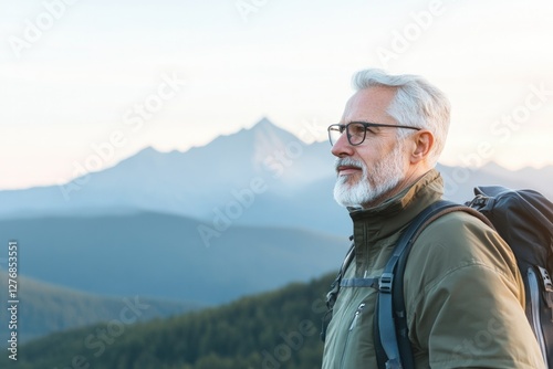 portrait of elderly traveler wearing backpack gazing at mountains in distance