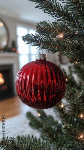 Festive Red Ornament Hanging From a Snowy Tree Branch With Twinkling Lights D...