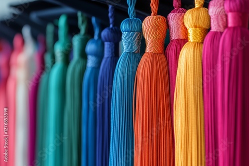 Colorful Tassels Displayed at a Market Stall in a Crafts Area During Daylight