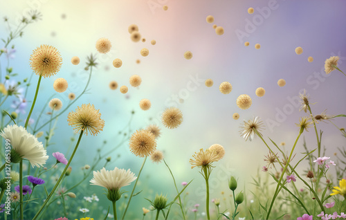 Botanical illustration of pollen and allergens in nature