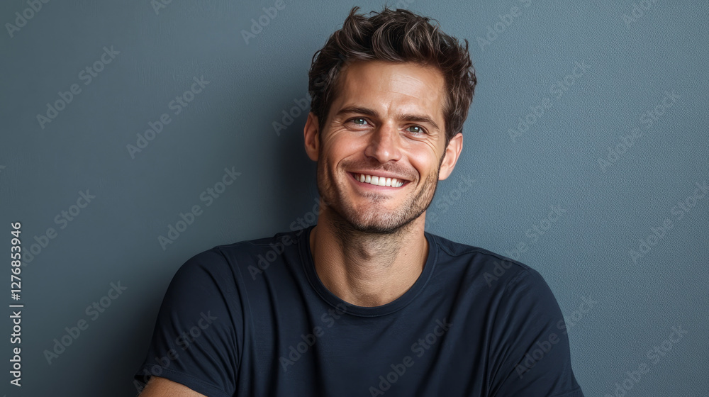 Smiling man in black t-shirt on grey background Smiling man in black t-shirt on grey background