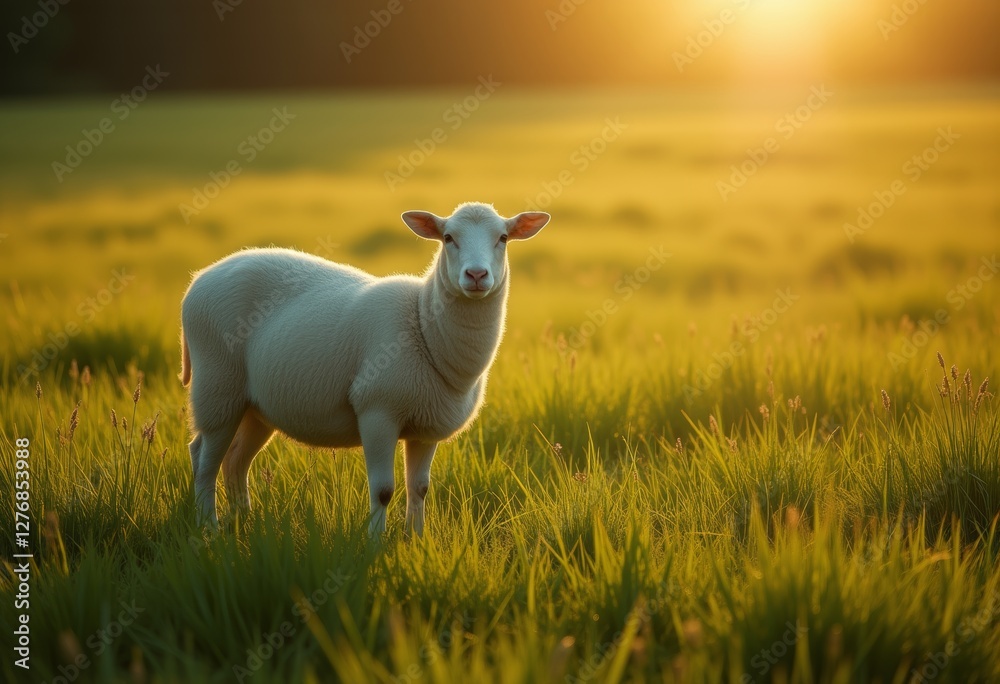 Peaceful scene of a sheep standing in a lush, green field during sunset, with warm golden light casting a serene glow on the landscape and creating a tranquil atmosphere. Peaceful scene of a sheep standing in a lush, green field during sunset, with warm golden light casting a serene glow on the landscape and creating a tranquil atmosphere.