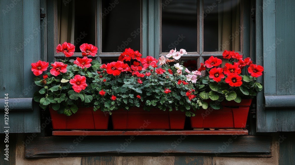Naklejka premium Charming Floral Display: Vibrant Window Box Overflowing with Beautiful Red Blooms in a Rustic Wooden Pot