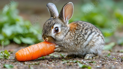 Cute rabbit munching on a fresh carrot amidst vibrant greenery in a garden