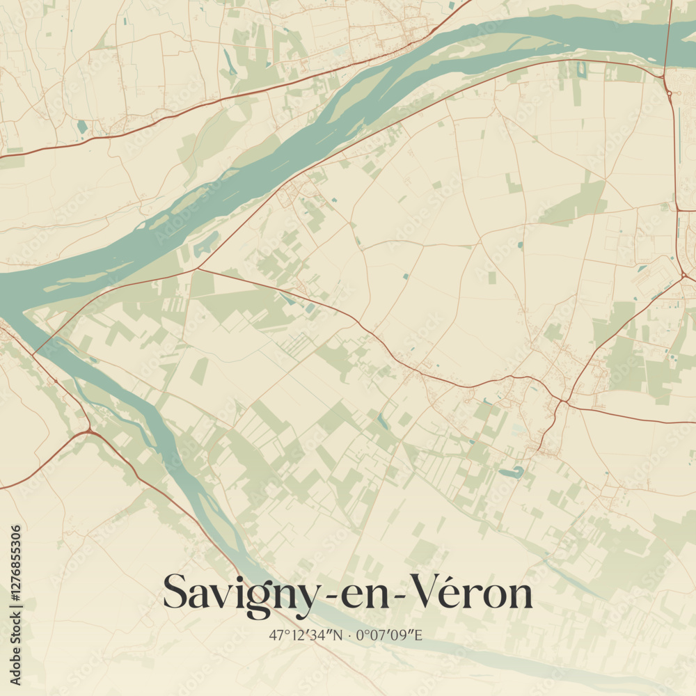 Fototapeta premium Vintage map of Savigny-en-Véron, France.