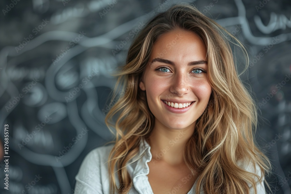 Obraz premium Portrait of young smiling businesswoman standing in front of her team at the office with line details around her