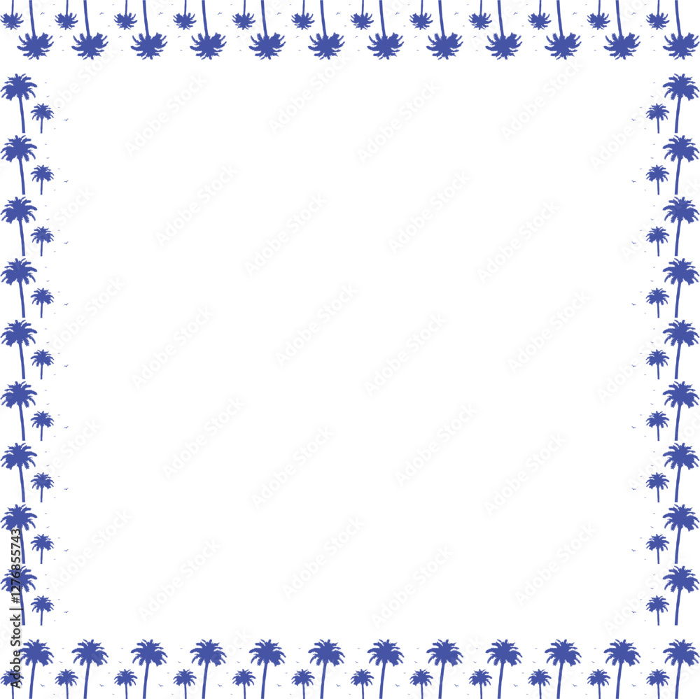 Square frame of palm. Blue desert palm oasis on white background border with empty space for your text Square frame of palm. Blue desert palm oasis on white background border with empty space for your text