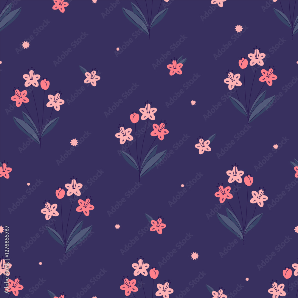 Easter meadow seamless pattern. Leaves and flowers spring simple background. Blossom lily garden Easter meadow seamless pattern. Leaves and flowers spring simple background. Blossom lily garden