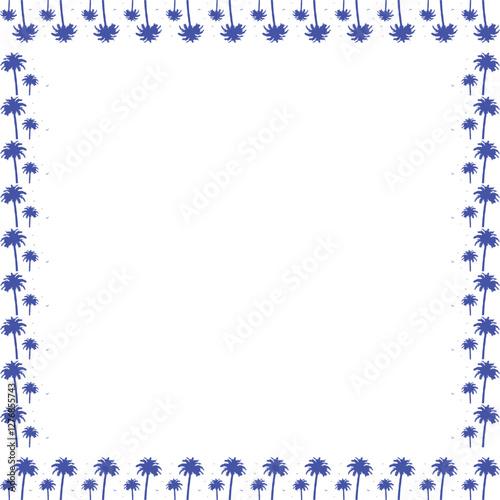 Square frame of palm. Blue desert palm oasis on white background border with empty space for your text