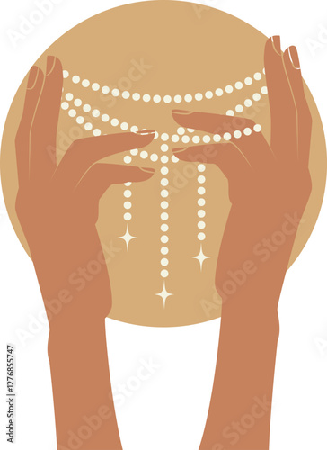 Hand with jewelry, moon simple vector design. Magic astrological concept. Fashion sticker, magic tarot icon