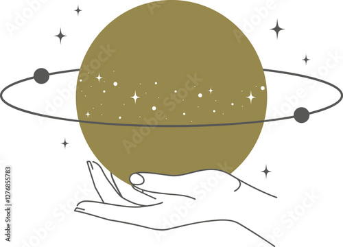 Boho doodle mystic hands. Hand drawn esoteric icon, simple heavenly logo element with saturn planet