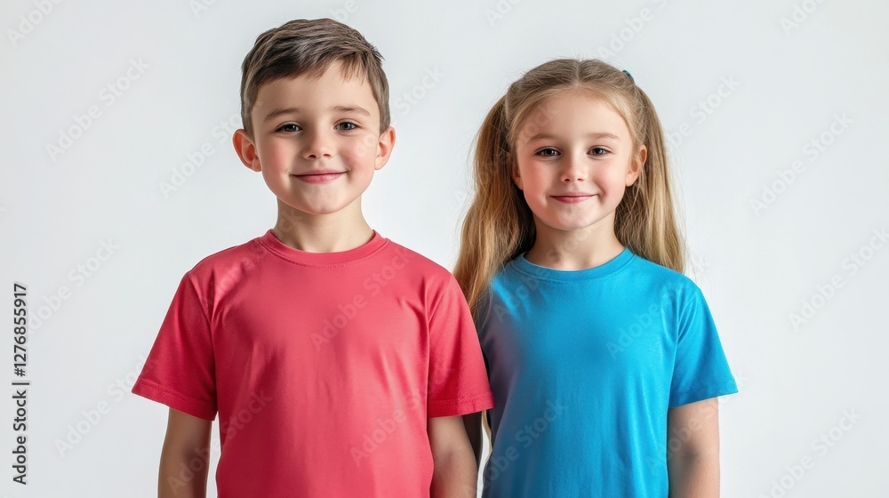 Caucasian Youngsters Posing in Custom Print T-Shirts Against a Clean White Studio Backdrop Caucasian Youngsters Posing in Custom Print T-Shirts Against a Clean White Studio Backdrop