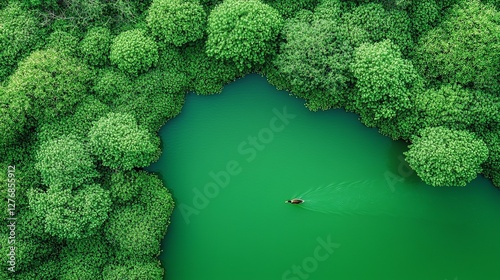 Aerial view of a serene green lake surrounded by lush trees and a canoeist